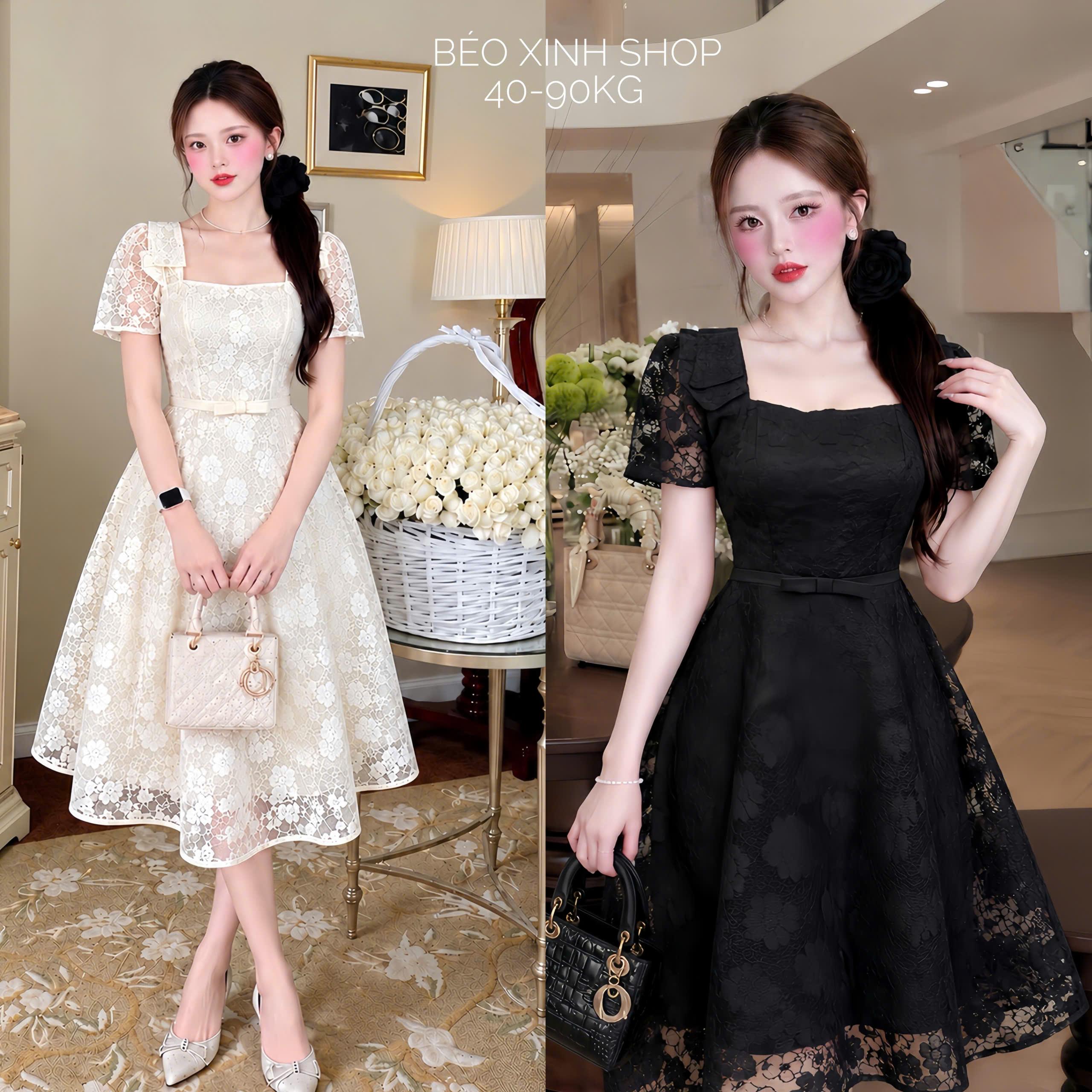 Đầm Ren Hoa 2 Lớp Cổ Vuông Tay Ngắn Tùng Xòe Nữ Tính Bigsize 40–90kg - A.1894