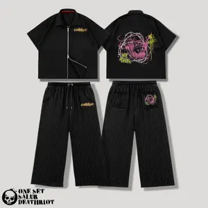 DTRT - One Set Workshirt Boxy Double Zipper Baggy Pants Stripe Salur Garis-garis hitam - Free Gift