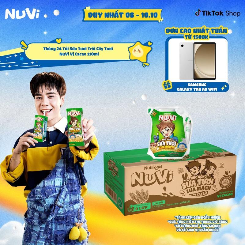 Thùng 24 Túi Sữa Tươi Lúa Mạch NuVi Vị Cacao 110ml