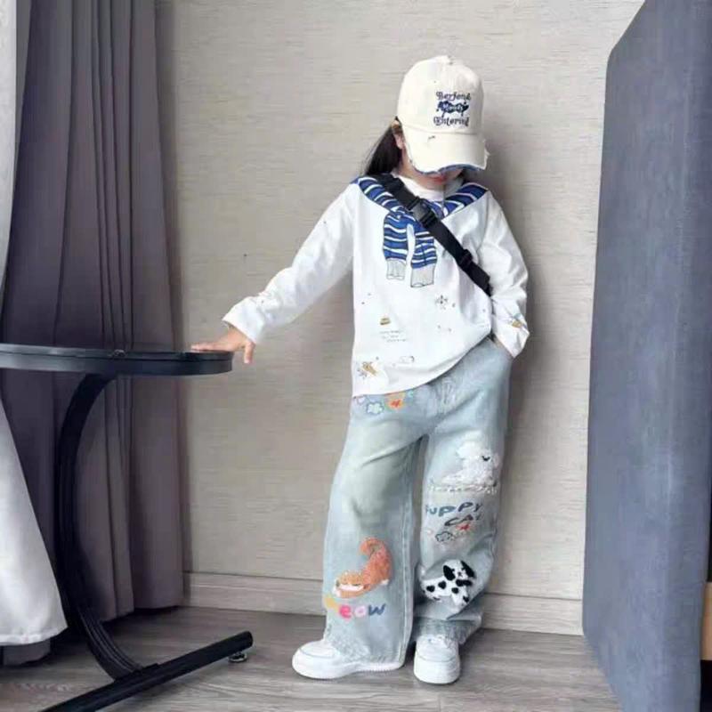 TT DEAL MỞ BÁN Set bộ đồ gồm áo cotton dài tay kèm quần jean in hình họa tiết cute cá tính cho bé gái từ 15-50kg