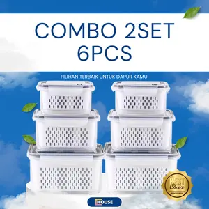 NEW COMBO 2 SET 6 PCS KERANJANG SARINGAN 3 Ukuran Kotak Penyimpanan Makanan Sayur dan Buah untuk Kulkas/ Keranjang saringan / Pengering Buah dan Sayur / Kontainer Kulkas / Wadah Kulkas Multifungsi