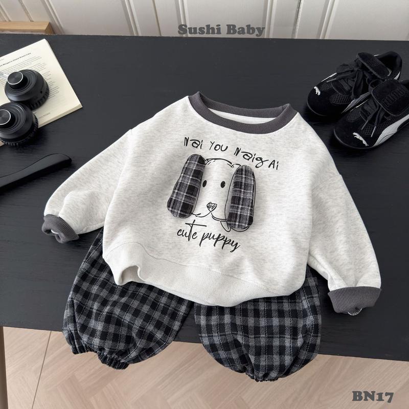 BN17 - Bộ Nỉ Bông Hoạ Tiết CÚN TAI NỔI Phối Quần Caro Lót Nhung Dày Dặn Ấm Áp Cho Bé - BN17