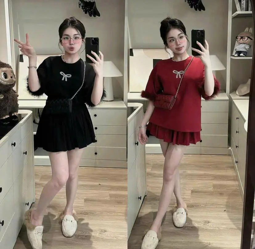 SET VÁY UMI PHỐI LÔNG NHẸ NHÀNG MĨ CÙNG CHÂN VÁY XẾP LY SANG CHẢNH (KÈM NƠ ĐÁ)