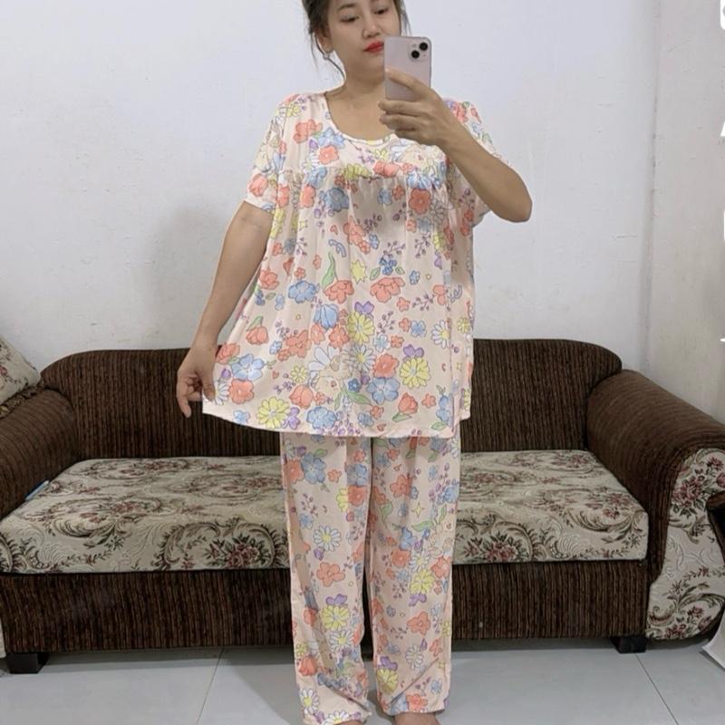 DH-102. Đồ Bộ Tole Lanh Quần Dài Áo Tay Ngắn Nữ Mặc Nhà Big size .63-120 ký . Họa Tiết  Đa Dạng .   Women