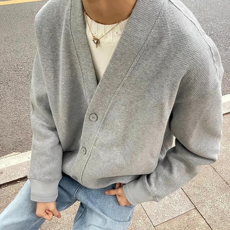 Áo cardigan dệt kim nam, vải tổ ong, cổ chữ V, dáng rộng, màu trơn, áo khoác mùa xuân–thu, phong cách Nhật Bản—thể loại thường ngày—(Kích cỡ M–5XL)—quà tặng dịp lễ
