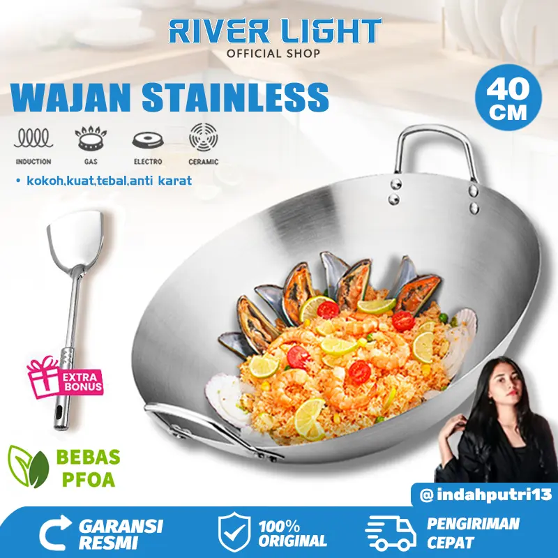 [ EXCLUSIVE indah putri ] RIVER LIGHT - Wajan Stainless Tebal Ukuran 40CM KUALITAS PREMIUM GRATIS spatula stainless Penggorengan nasi goreng Kitchenware