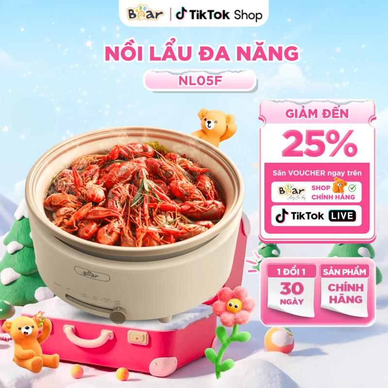Nồi lẩu điện đa năng Bear SB-NL05F 5L, chảo lẩu điện đế rời chống dính, nấu lẩu, chiên, xào, rán, hầm, chỉnh nhiệt, tay cầm chống bỏng