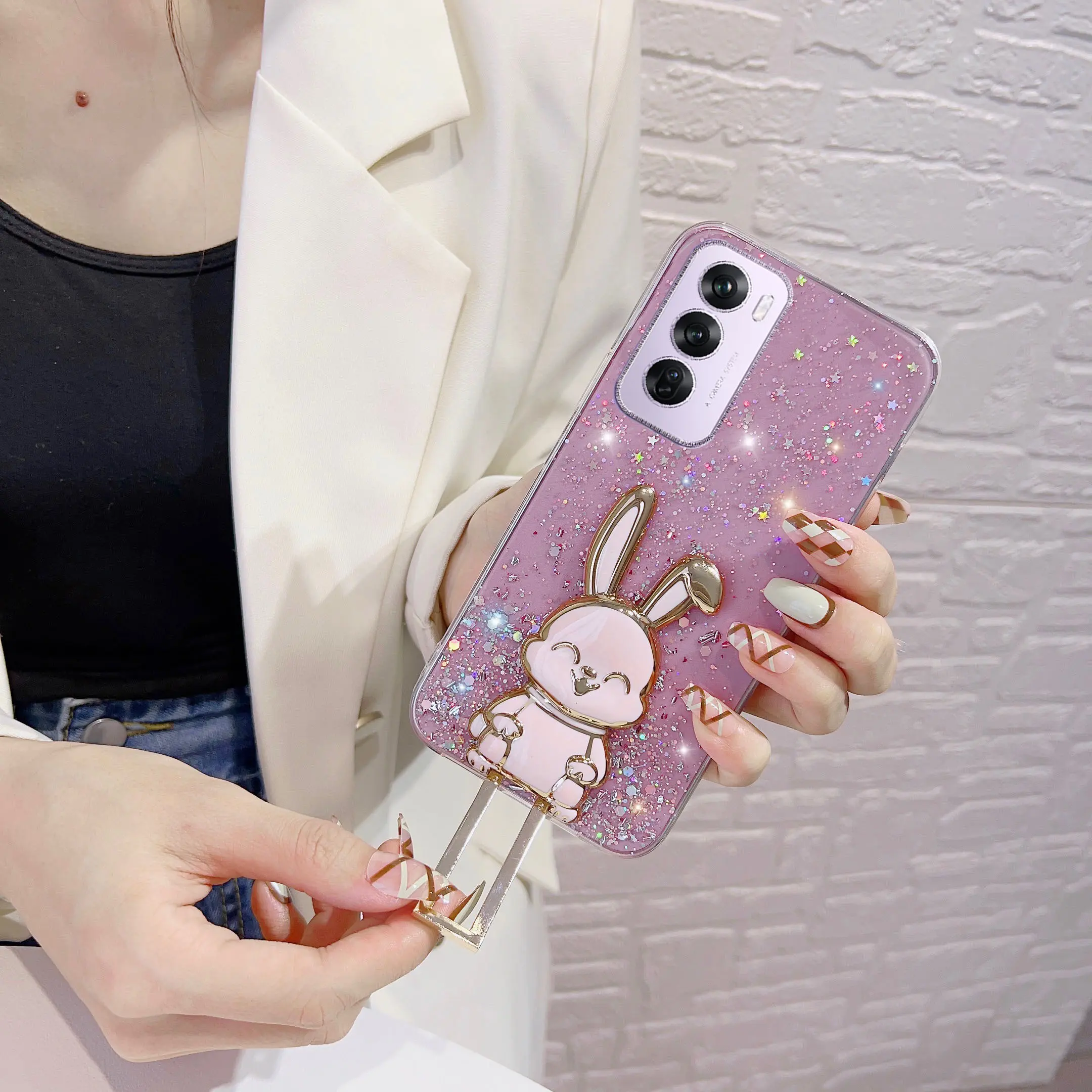 New Phone Case For OPPO Reno12 Pro Global Version Reno 12 Pro 5G 11F 11 Pro 10 Pro+ Starry Sky Soft Case Oppo Reno12Pro Reno11Pro Rabbit Pull Rod Bracket Silicone Transparent Cover
