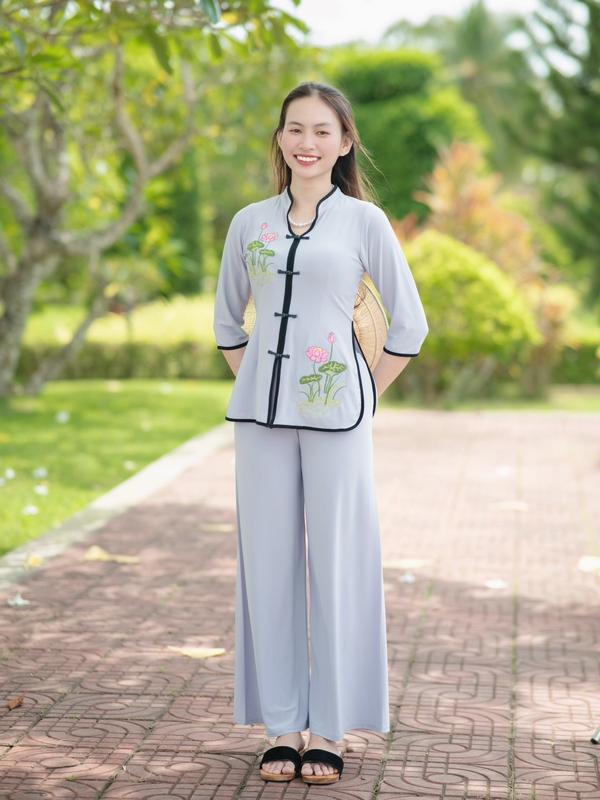 Đồ lam đi chùa ống rộng Nguyên Bộ B10 Cotton Nữ Thun - Cúc Dưỡng Women Áo - Jacket Top