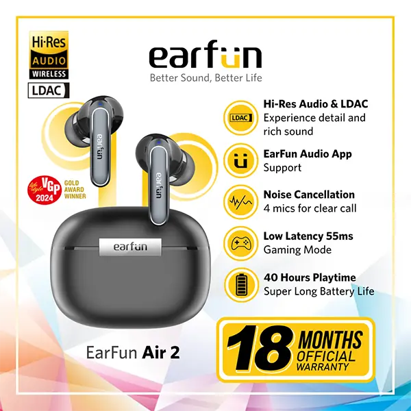 EarFun Air 2 - Black - Hi-Res LDAC budget TWS with APP Support Headphones Earphone Earbuds Wireless Headset Bluetooth Bass 1