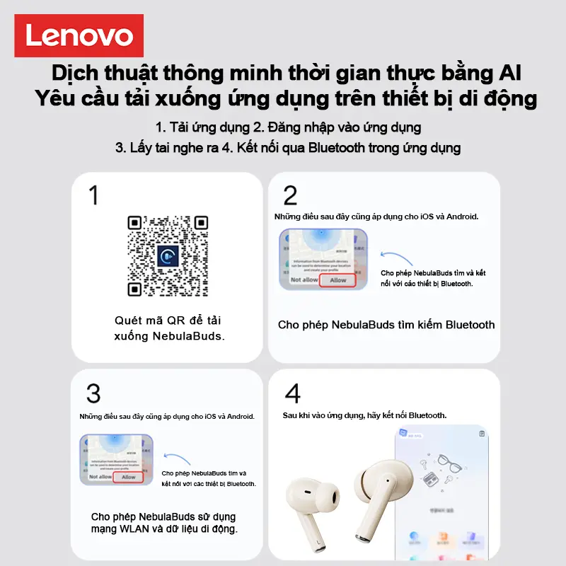 Lenovo Tai Nghe Bluetooth LE207 Phiên Bản 6.0 | AI Dịch 135 Ngôn Ngữ + Âm Thanh Dolby 360° | ANC Giảm Tiếng Ồn | Chế Độ Game Thấp Trễ | Màn Hình Pin LED | Thời Lượng Pin Dài 27 Giờ | BigBuy360 - bigbuy360.vn