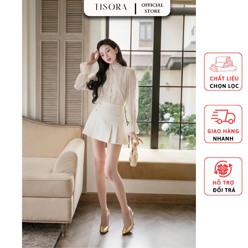 Sét áo sơ mi dài tay thêu hoa + chân váy đi làm, đi tiệc, dạo phố - TISORA