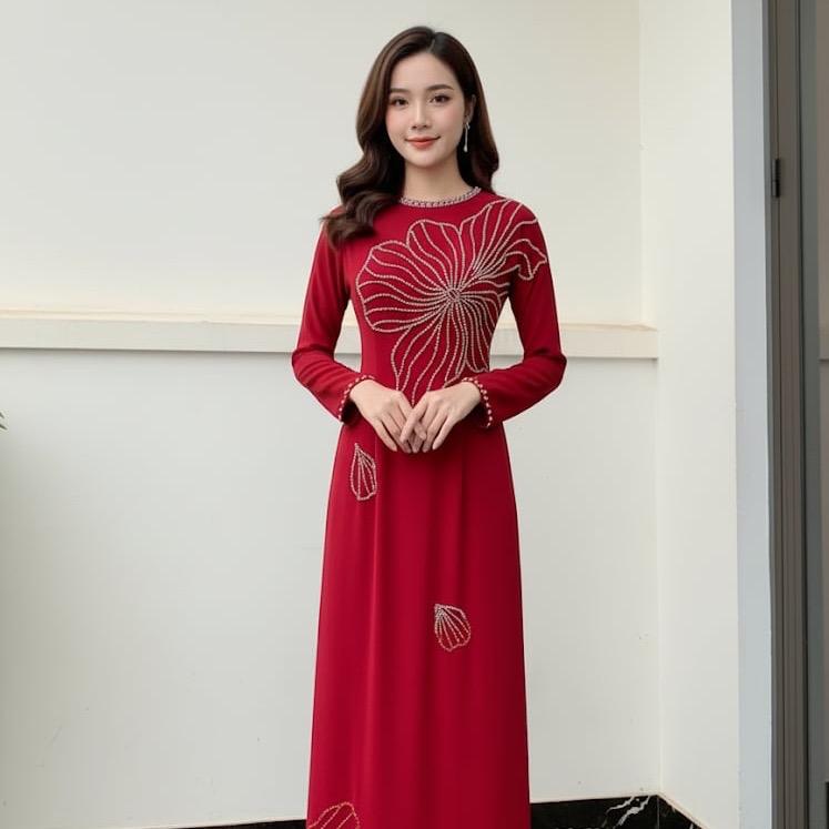 Bộ áo dài lụa đính đá màu đỏ đô cao cấp thiết kế riêng dành cho bà xui hoặc đi tiệc sang trọng xinh đẹp ADM31 có bigsie mặc đồng phục du lịch đi chơi tham gia các buổi lễ Wine Knot Nữ Dress Women Voan Voi