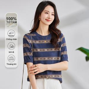 Áo Nữ MuMeng [100% Lụa Tơ Tằm] Tay Ngắn Kẻ Sọc Dệt Kim, Áo Len Mềm Nhẹ Cổ Tròn Cho Mùa Hè Phong Cách Thường Ngày 5081
