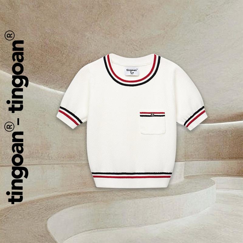 TINGOAN -  Áo len xù cổ tròn túi zúm ngực dáng lửng có 2 line viền áo trắng MIMI TOP/WH