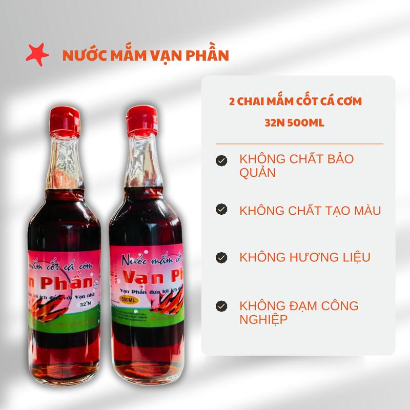 2 chai nước mắm cốt cá cơm 32 độ chai 500ml(chai thủy tinh). Nước mắm truyền thống được làm từ cá cơm và muối ăn, không dùng các chất phụ gia công nghiệp. Nước Sốt Gia Vị
