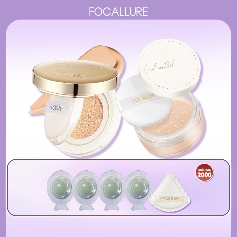  Bộ 2 Focallure trang điểm khuôn mặt bột rời đệm khí +  Quà tặng miễn phí  4 mặt nạ + 1 mút tán trang điểm 