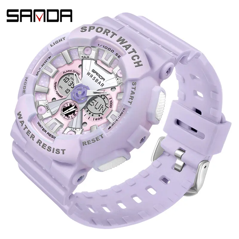Jam Tangan Wanita, Sanda, Fesyen Trendi, Sesuai untuk Sukan Luaran, Pelbagai fungsi, Jam Tangan Elektronik Kalis Air, 6068-14
