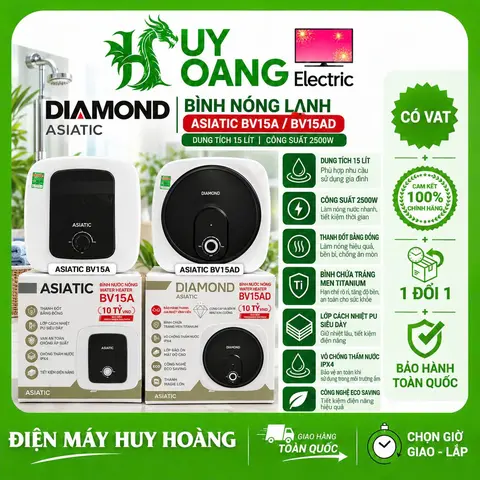 Bình Nóng Lạnh 15 Lít ASIATIC BV15A / BV15AD Model 2026 - Tiết Kiệm Điện Chống Giật - Bảo Hành 7 Năm Toàn Quốc
