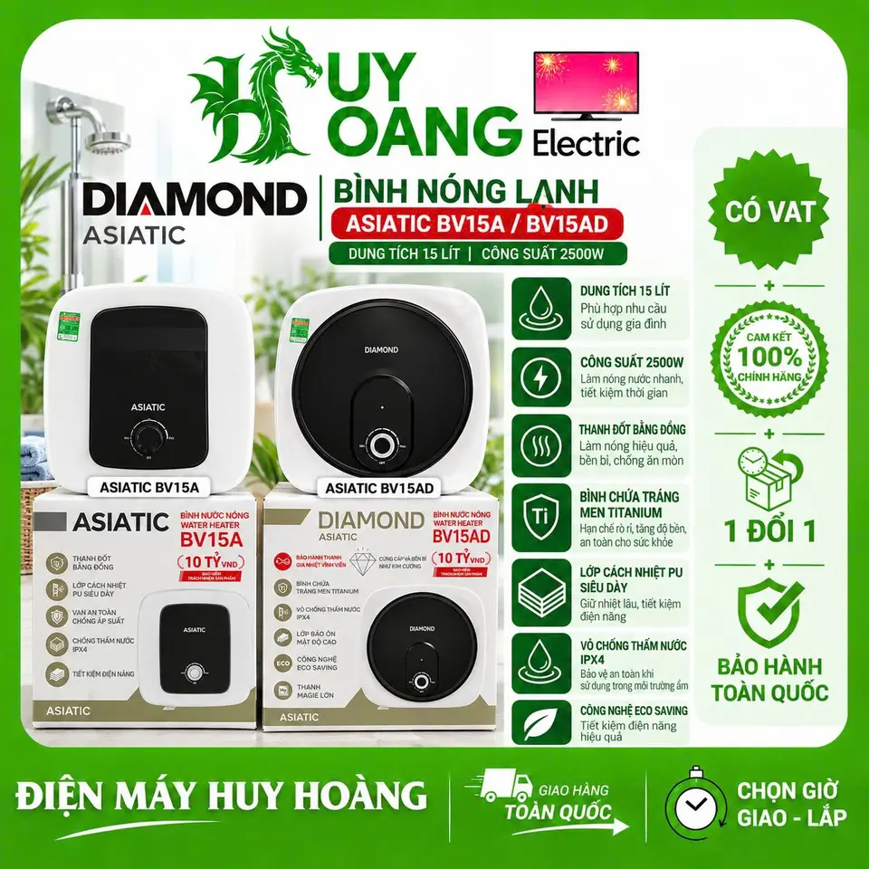 Bình Nóng Lạnh 15 Lít ASIATIC BV15A / BV15AD Model 2026 - Tiết Kiệm Điện Chống Giật - Bảo Hành 7 Năm Toàn Quốc