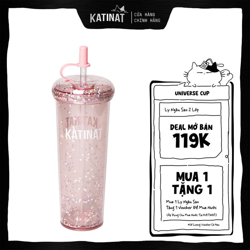 KATINAT Ly Cách Nhiệt 2 Lớp, Bình Nước Kèm Ống Hút Ngàn Sao 700ml