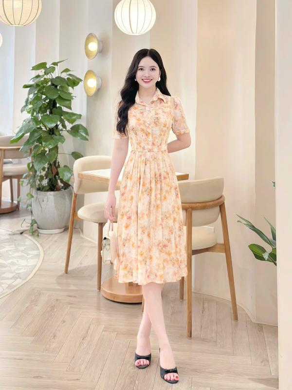 Đầm váy nữ hoa voan thiết kế Nhật Vy cổ sơ mi tay ngắn xếp ly bigsize đi chơi du lịch công sở dự tiệc quà tặng vợ mẹ màu cam tím xanh đen xanh lá - D3338