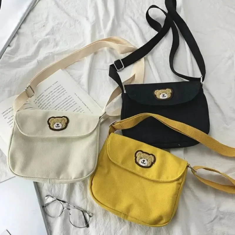 Twenty Bag - Tas Selempang Mini Anak Wanita Pria Terbaru Kekinian Motif Carakter BERUANG TUTUP BORDIR Fashion Korean Style Murah Bahan Canvas Tebal 7