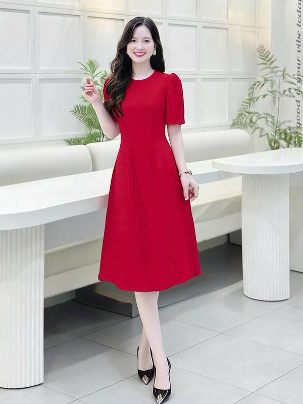  Đầm công sở nữ thiết kế Nhật Vy tay ngắn form chiết eo dáng xòe chất linen dự tiệc - DA3217 