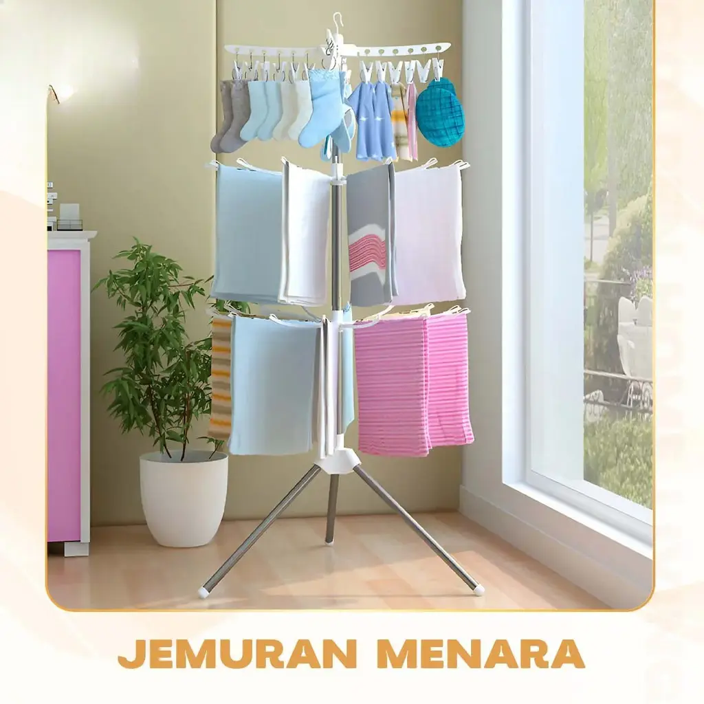 COD Jemuran Menara 3 Tingkat Jemuran Baju Anak Gantungan 3 Susun Bisa Dilipat Besi Stainless Hemat Tempat