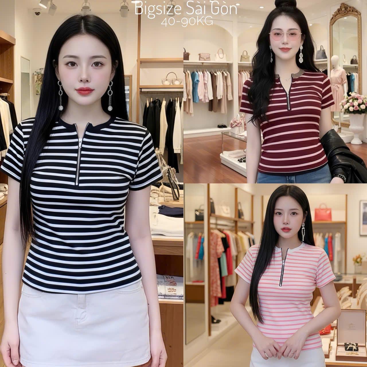 Áo Thun Nữ Cổ Tròn Phối Dây Kéo Vải (Thun Borit Sọc ) 45-90Kg Có Bigsize Dễ Thương Top Women - B.1621
