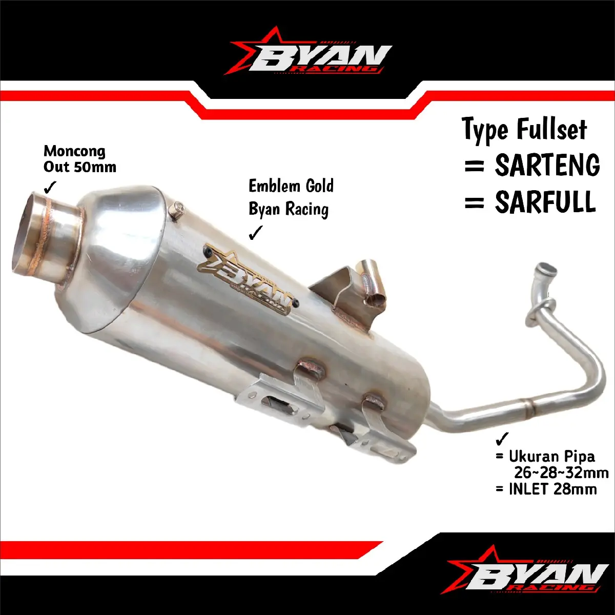 Knalpot Stainless Moncong Shijiro BYAN RACING Vario 125 / 150 Stainless Beat OLD Mio Smile PCX 160 Nmax Aerox  Motorcycle Sarteng Sarangan Full Foto