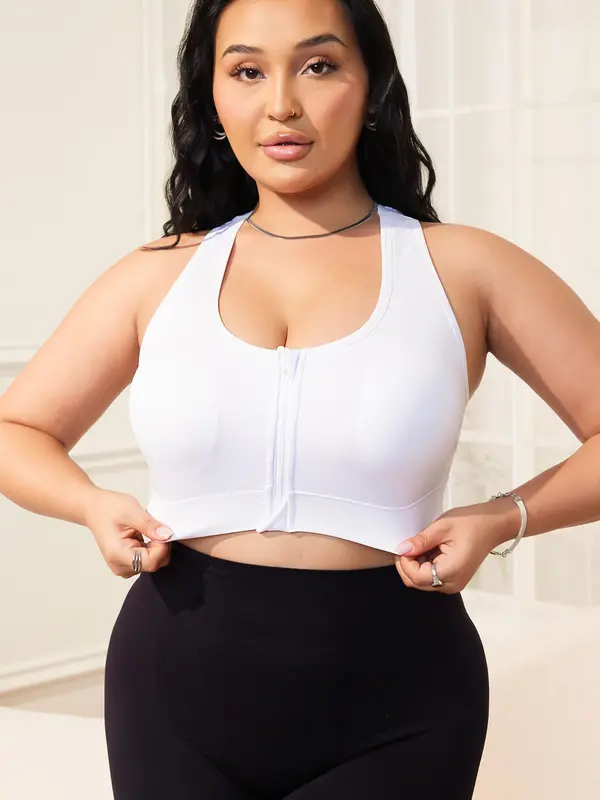 【Plus Size】 Solid Front Zipper Bralette, Casual Comfy Breathable Seamless Hollow Out Bra for Daily Wear, Women's Plus Size Lingerie for All Seasons 3