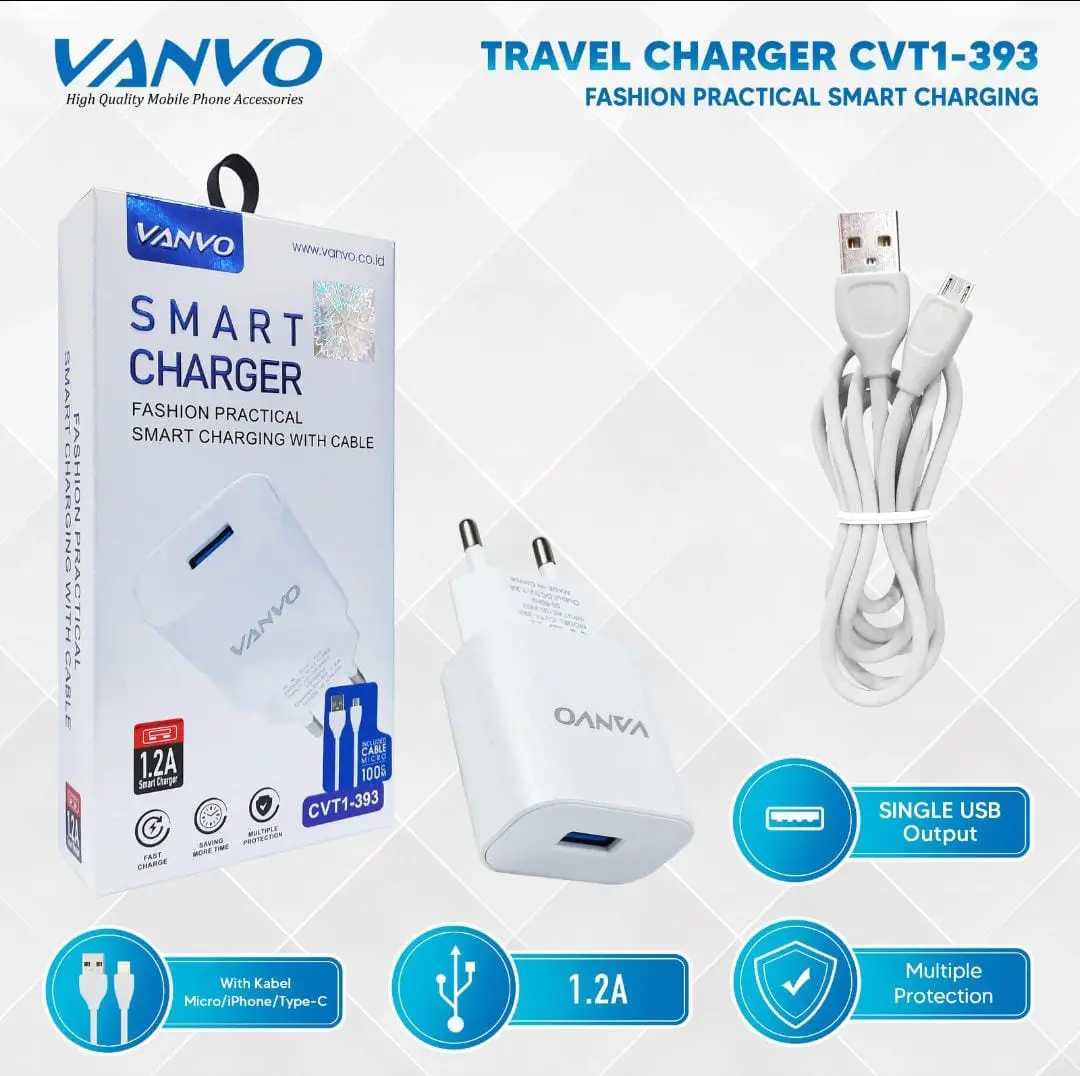 CHARGER VANVO PREMIUM CVT1-393 FOR KABEL MICRO,TYPE C, IPHONE ORIGINAL VANVO