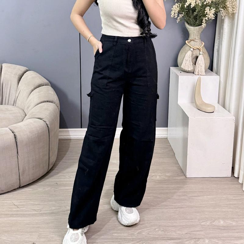 Naysqii-Highwaist Kulot Cargo Jeans Wanita - Celana Panjang Wanita Cewek Hitam Kancing Karet Samping Nyaman Formal Tebal 4