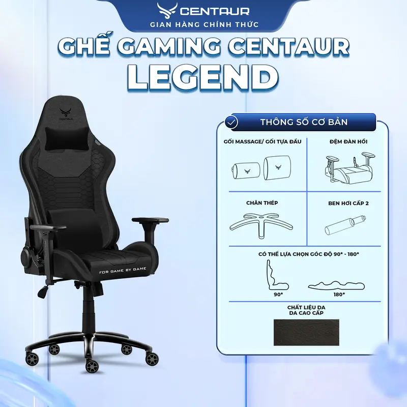 [ Tặng Chuột CT510X] Ghế Gaming Centaur Legend - Khung Thép Chắc Chắn, Da PU Cao Cấp, Cơ Ngả 180 Độ | Centaur Việt Nam 0