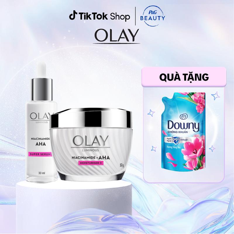  Combo 2: Kem Dưỡng Ẩm + Super Serum Sáng Da Mờ Thâm Mụn OLAY LUMINOUS NIACINAMIDE AHA  50G + 30ML  Tặng Nước Xả Vải Downy Nắng Mai 800ml 