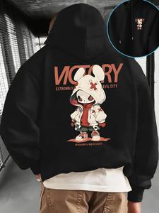 メンズ ストリート系フーディー、Evil City ラビットプリントパーカー、カンガルーポケット付き、秋冬向けカジュアルストリートファッション
