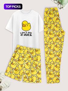 Conjunto de ropa de descanso para hombre con estampado de pato de caricatura, camiseta de corte regular, cómoda y casual con cuello redondo y manga corta, pantalones con cintura elástica y shorts a juego, pijama para verano
