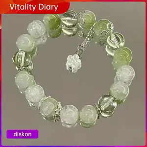 Gelang Giok Keberuntungan Kristal Manik Hijau Bunga Charm Fairycore Gelang Bracelet Kekinian Viral