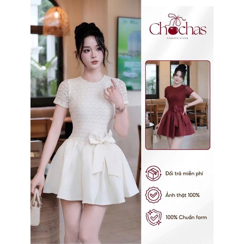 TOP Váy xòe ngắn phối ren thắt nơ eo - Đầm tiểu thư thanh lịch dự tiệc, hẹn hò nữ tính VR11