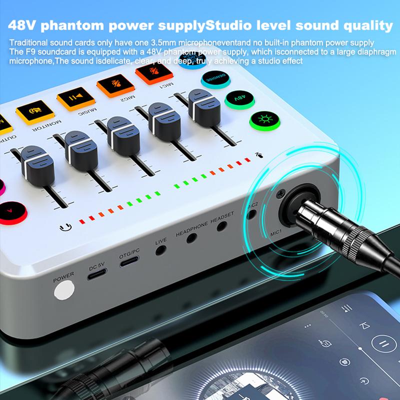 Product Introduction of F9 Live Podcast Equipment Bundle, Live Sound Card Broadcast Device Microphone Audio Set, Computers Phones Wireless BT Connection for Streaming/Live Broadcast/Recording 15