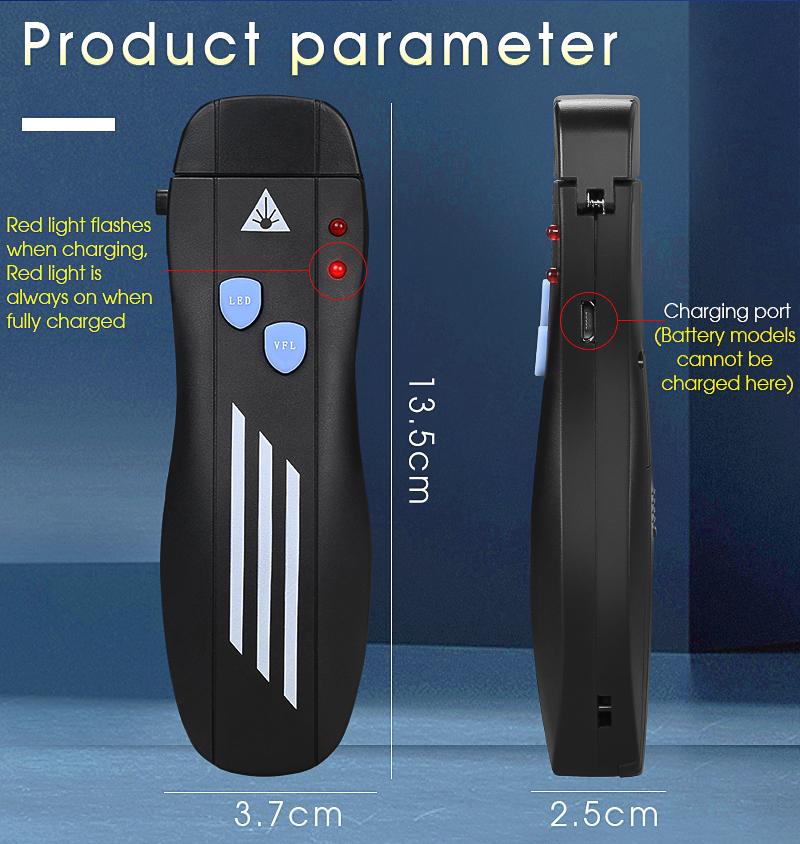 Product Introduction of Handheld 1-50mw fiber optic tester portable pen type red light visual fault locator charging fixture fiber optic testing pen 7