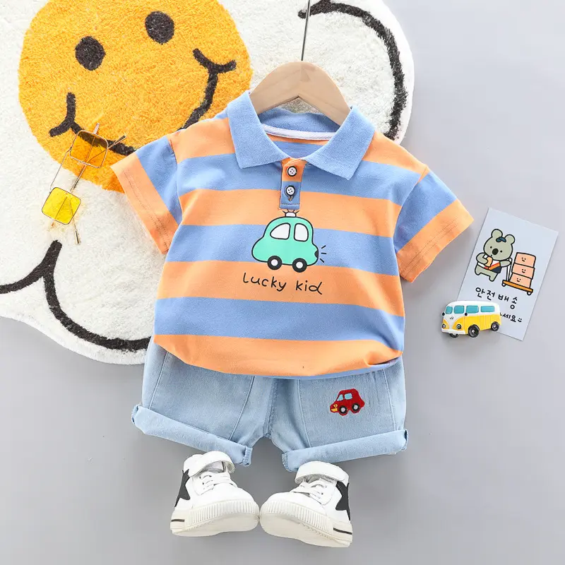Baby Clothes Boys Clothes Cotton Car Pattern Short Sleeve Shirt + Sport Denim Shorts Set