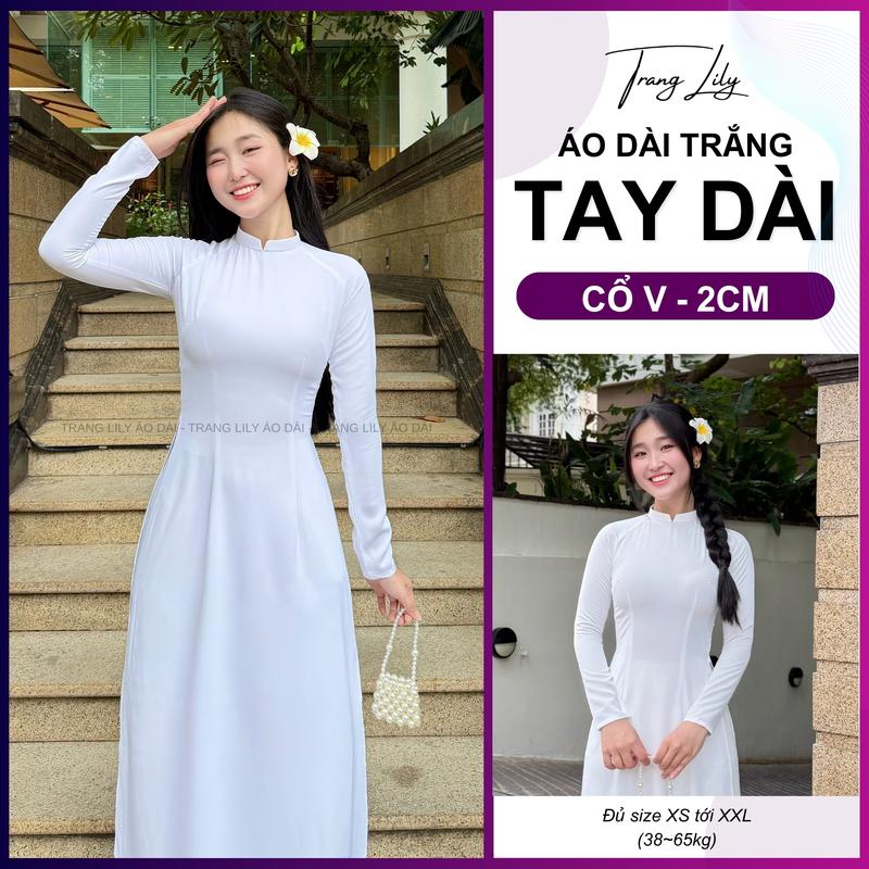 [TAY DÀI] Áo Dài Trắng Học Sinh Tay Dài, Cổ V 2cm, Đồng Phục Cấp 3, Tà Chữ A Truyền Thống, Chất Liệu Lụa Mỹ Co Dãn, Mềm Mịn Mát, May Sẵn Chụp Kỉ Yếu, Mặc Đi Học, Bigsize - Trang Lily Áo Dài