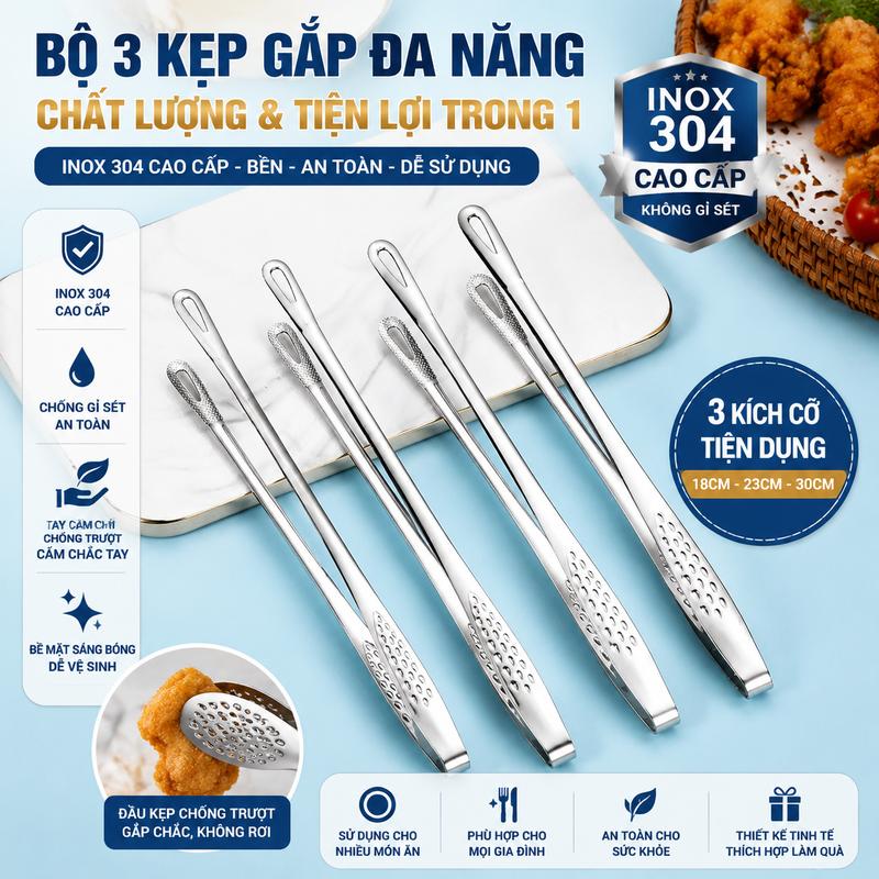 Kẹp nướng bằng thép không gỉ, chịu nhiệt, kẹp thực phẩm đa năng chống trượt.