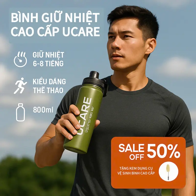 Bình giữ nhiệt Ucare 800ml , bình nước giữ nhiệt nóng lạnh đến 6 tiếng, có nắp vặn và quai cầm tiện lợi, Inox cao cấp an toàn không rỉ, tặng kèm quà hấp dẫn 0