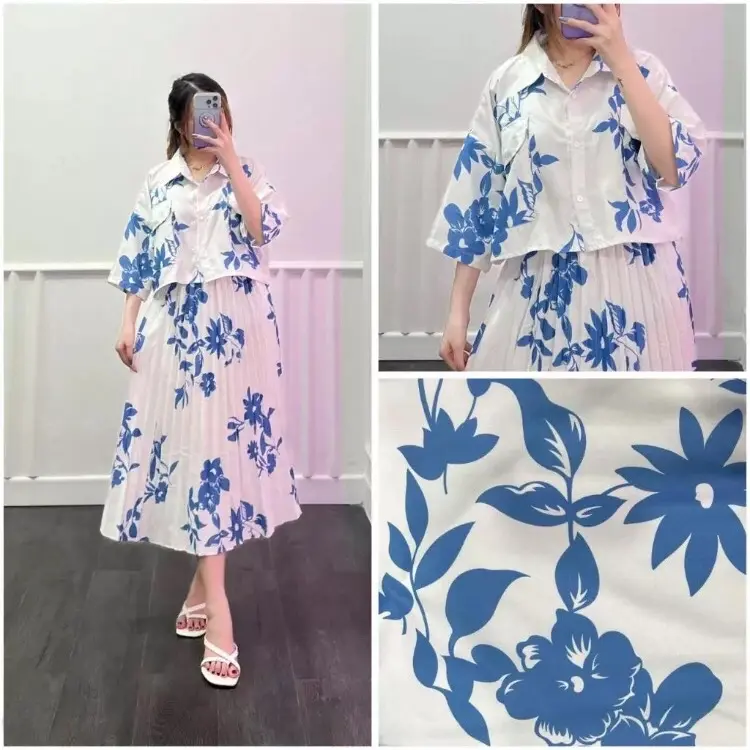 One Set Fuji / One Set Clara Kemeja Crop & Rok Midi Plisket Atasan Bawahan Motif Wanita 2