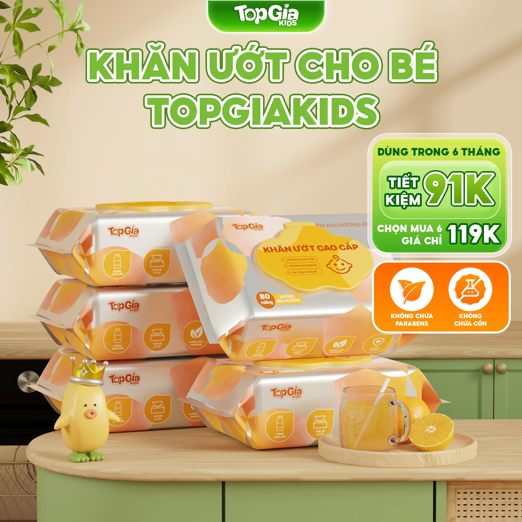 Khăn ướt TopGiaKids không cồn, không parabens cao cấp, an toàn cho em bé
