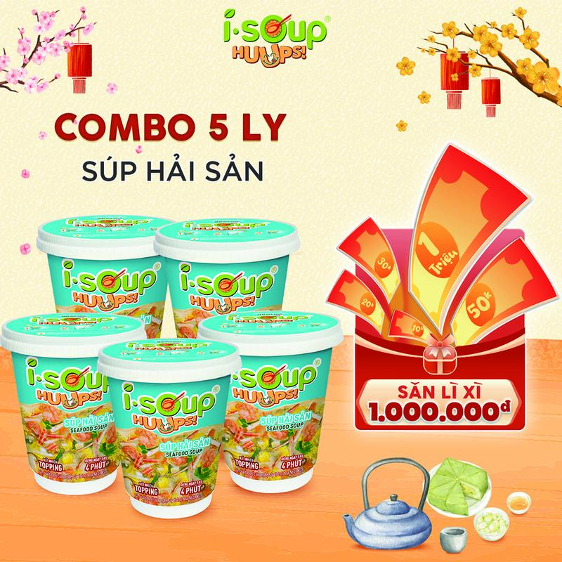   COMBO 5 LY  Súp Hải Sản  Ăn Liền ISOUP HUUPS Hũ 14G - Súp Ăn Liền Sấy Thăng Hoa 
