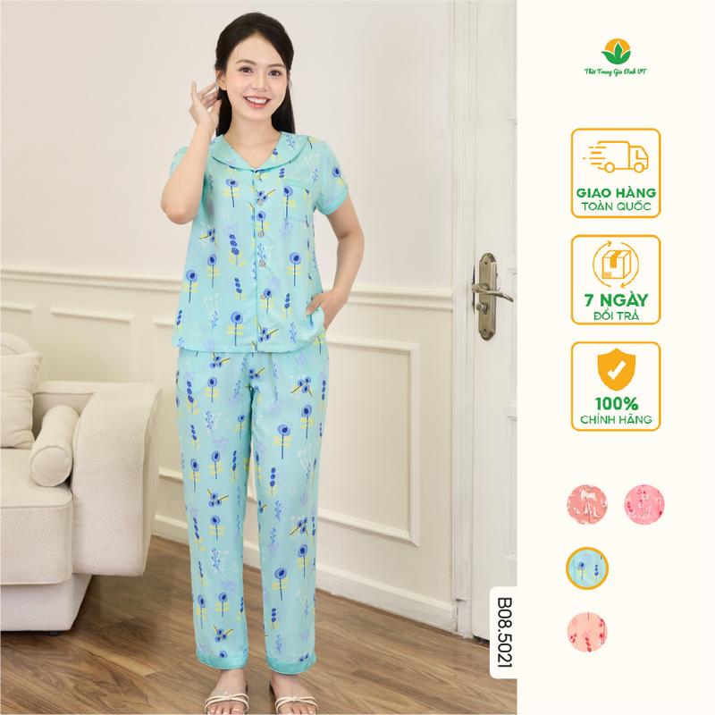 Bộ lanh nữ Việt Thắng quần dài áo cộc tay pijama cổ sam- B08.5021
